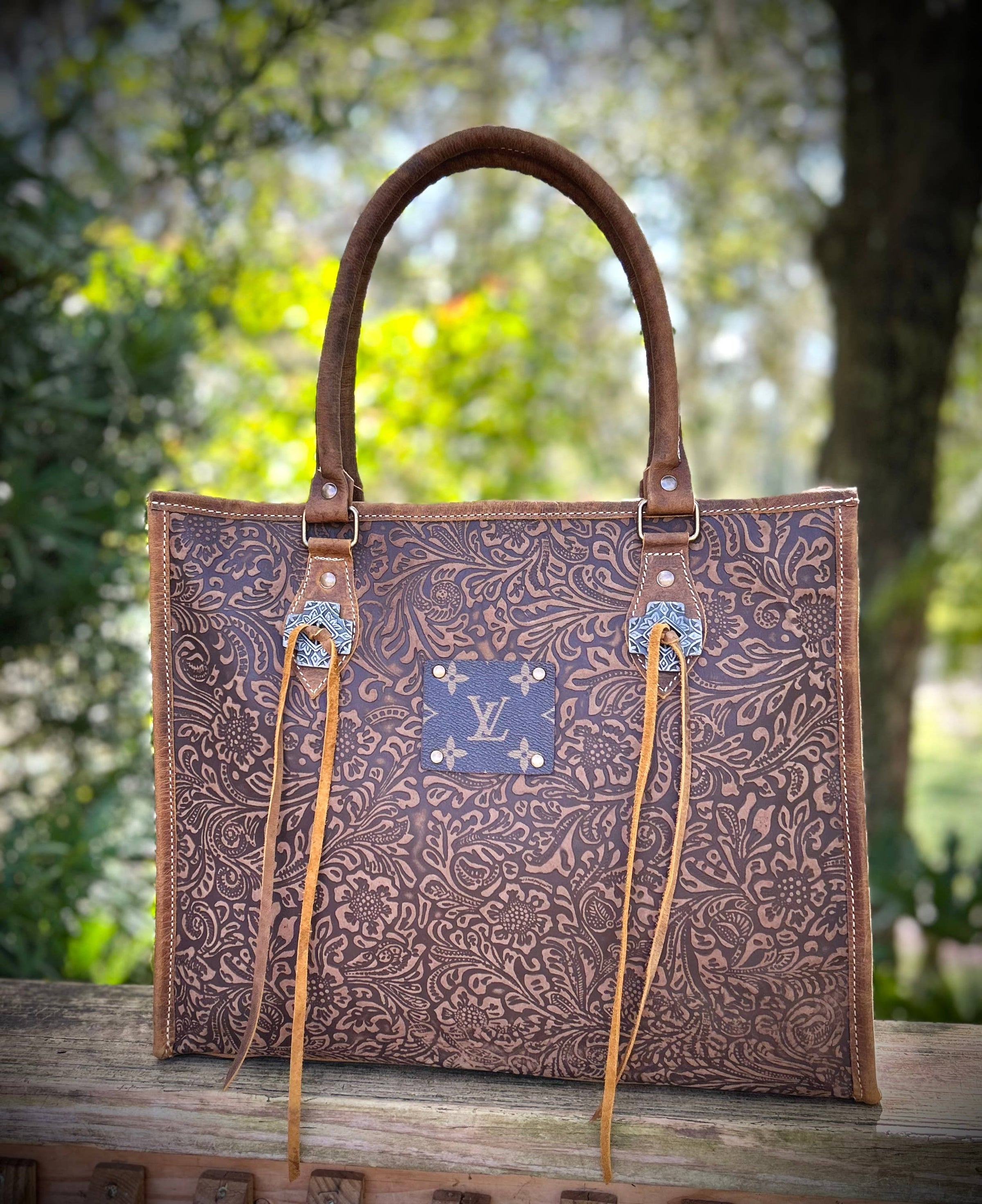 Upcycled LV Embossed Leather Tote Shoulder Bag Western Boho Iron Paisley Boutique